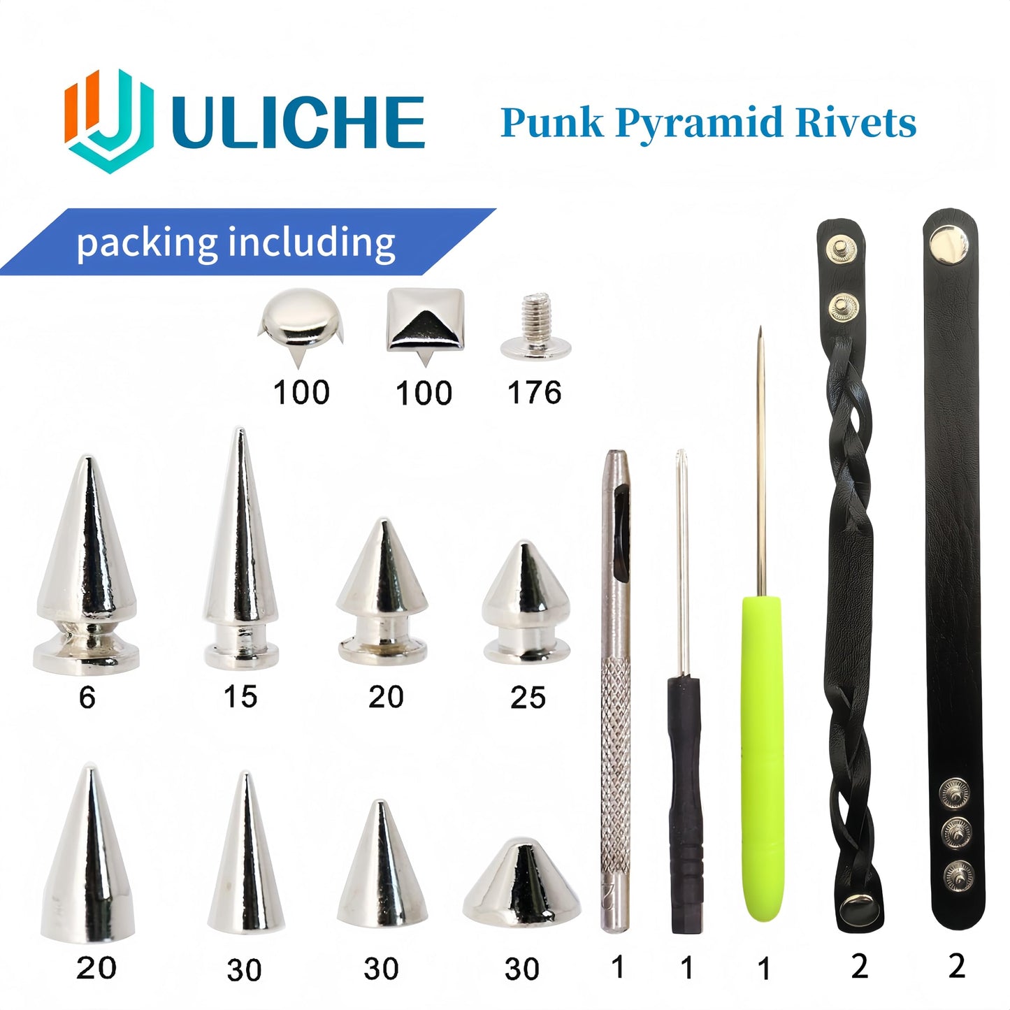 Uliche 559 Pcs Punk Studs and Spikes Kit，8 Sizes Cone Spikes,Square Pyramid&Circular Rivet,Metal Tree Spikes Studs for Clothing and Leathercraft Accessories DIY Craft Decoration,Wristband Included