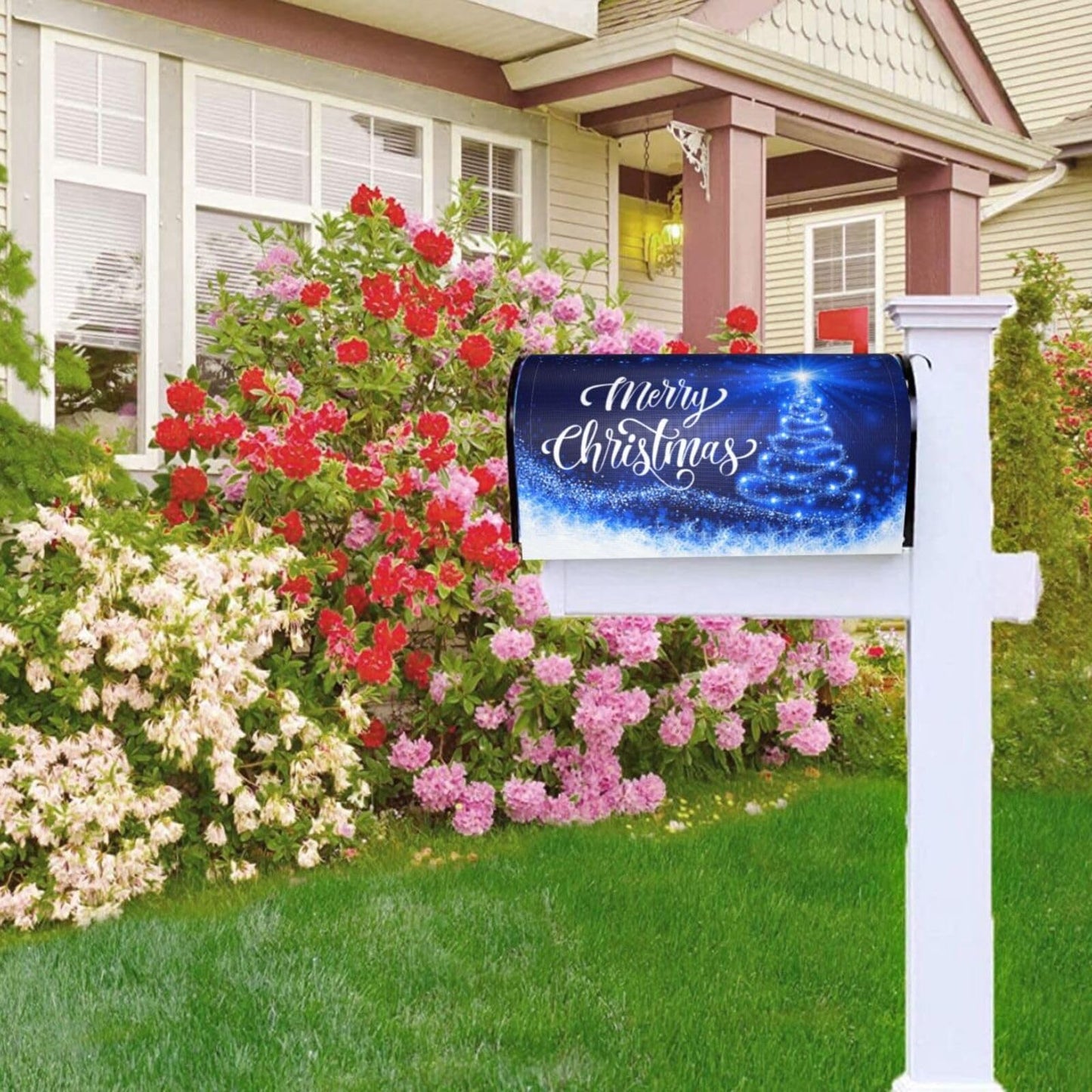 Mailbox Covers Merry Christmas Blue Snow Tree Magnetic Letter Post Box Cover Standard Size 25.5 x 21 Inch Garden Yard Home Decorative