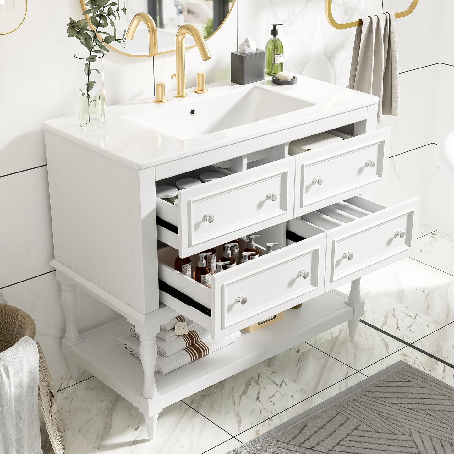 Virubi 36'' Bathroom Vanity with Single Sink, Freestanding Sink Cabinet with 4 Drawers and Open Shelf, Solid Wood Frame Bathroom Storage Cabinet