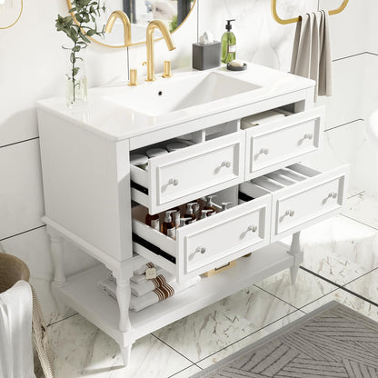 Virubi 36'' Bathroom Vanity with Single Sink, Freestanding Sink Cabinet with 4 Drawers and Open Shelf, Solid Wood Frame Bathroom Storage Cabinet