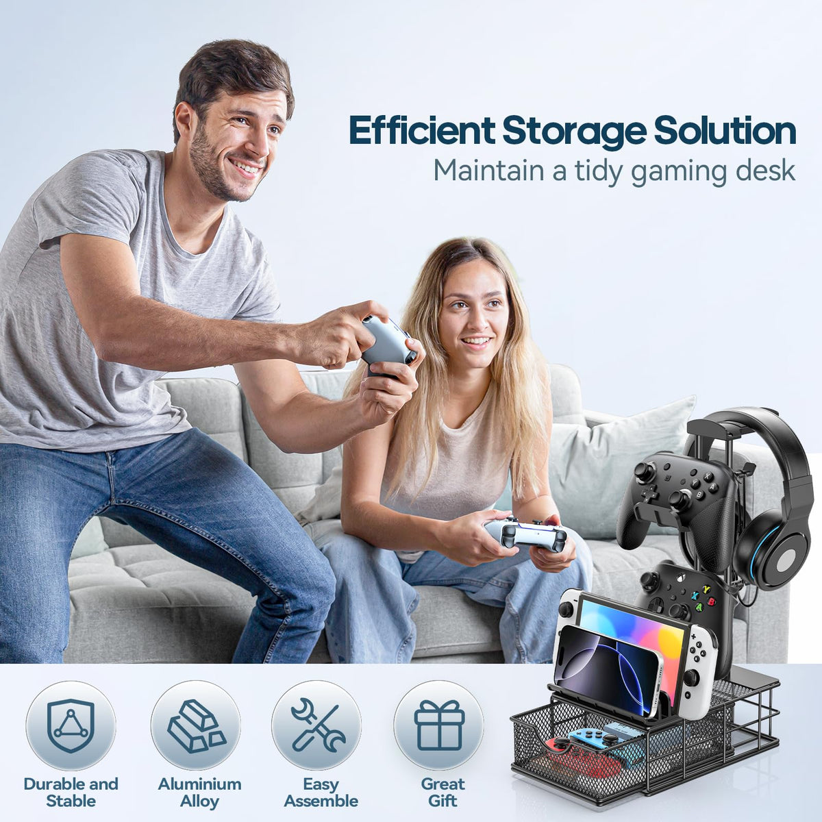 KDD Headphone Stand with Drawer - Headset & Controller Holder for Desk - Aluminum Supporting Bar Earphone Stand with Cable Organizer - Universal Gaming PC Accessories Storage