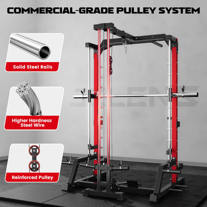 JELENS SR01 Smith Machine, 2000LBS Multi-Function Power Cage with LAT Pulldown System, All-in-One Home Gym Squat Rack with Smith Bar and Training Attachments (Red, SR01 Smith Machine)