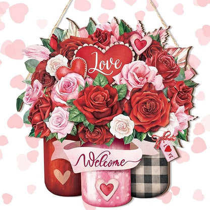 Boao Welcome Valentine's Day Wooden Hanging Sign Farmhouse Door Decor Valentine's Day Wood Love Rose Door Sign Rustic Wall Plaque Ornaments for Window Wall Porch Decorations
