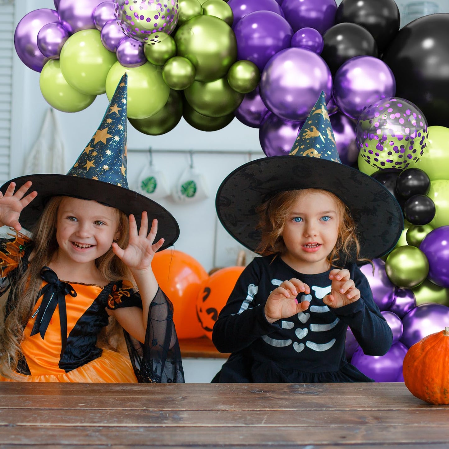 Halloween Balloon Arch Garland Kit, Purple Green Balloon Arch with Purple Confetti Balloons, Black Green Metallic Latex Balloons Set for Halloween Party Decorations