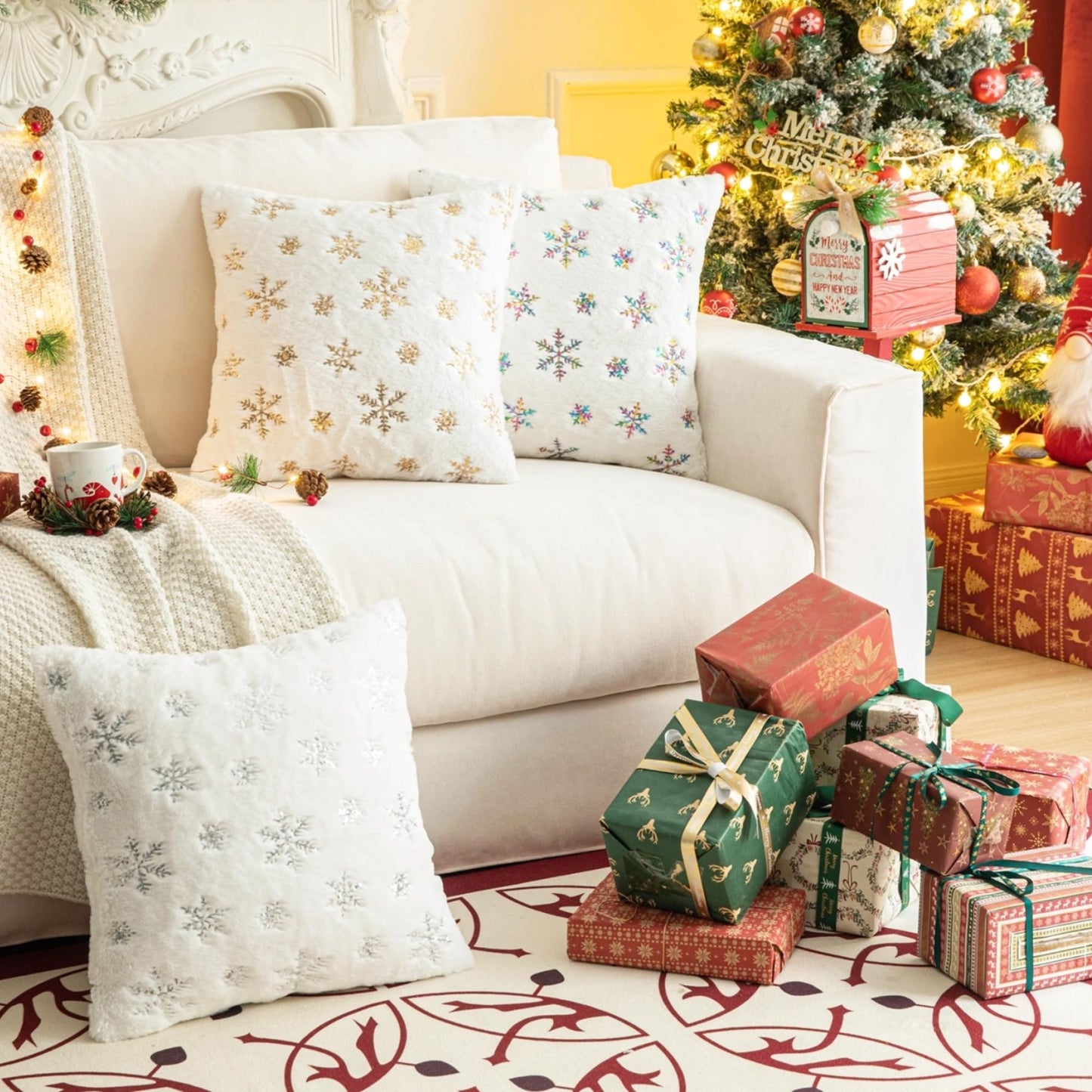 AQOTHES Pack of 2 Faux Fur Fuzzy Christmas Decorative Throw Pillows Covers Soft Plush with Snowflake Sequins Glitter Cushion Covers for Couch Sofa Bed Room Decor, Ivory,18 x 18 Inch