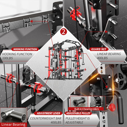 Smith Machine with Cable Crossover System, Multi-Function Squat Rack Power Cage for Home Gym, Power Rack and Packages Weight Sets (Red, L07-Smith Machine+Bench+(Pole+Cast lron) 341LBS)