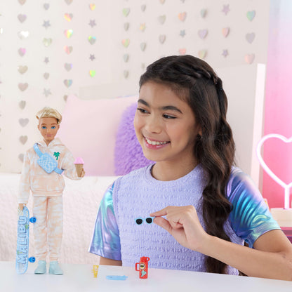 Barbie Dream Besties Doll and Accessories, Ken Posable Fashion Doll with Removable Fashions & Blonde Hair, 9 Summer & Skateboard Themed Pieces