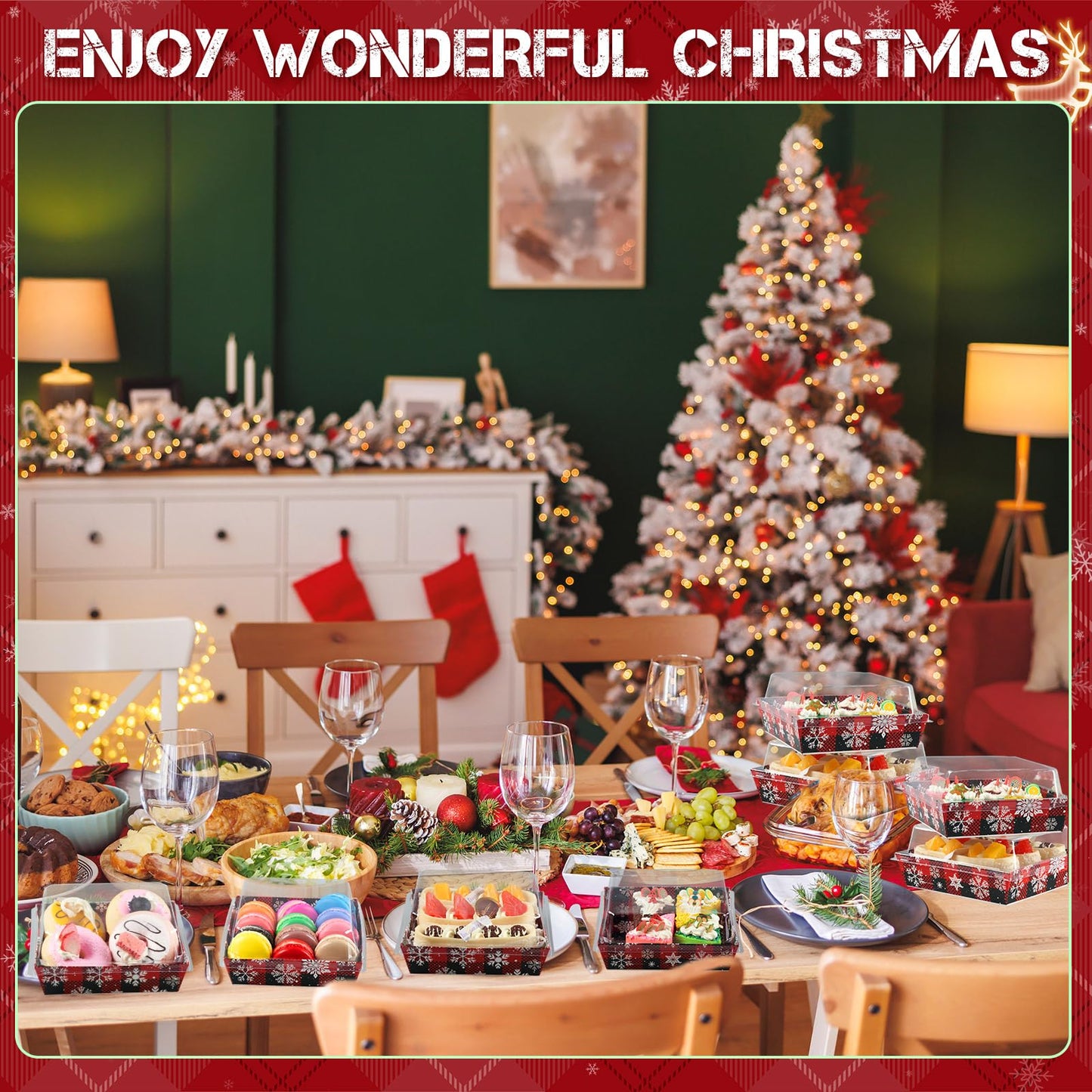 Potchen 100 Pack Christmas Charcuterie Boxes with Clear Lids – Red & Black Plaid Snowflake Design Boxes with Window for Cookies, Candy, and Mini Cakes – Ideal for Gift Giving & Bakery Packaging