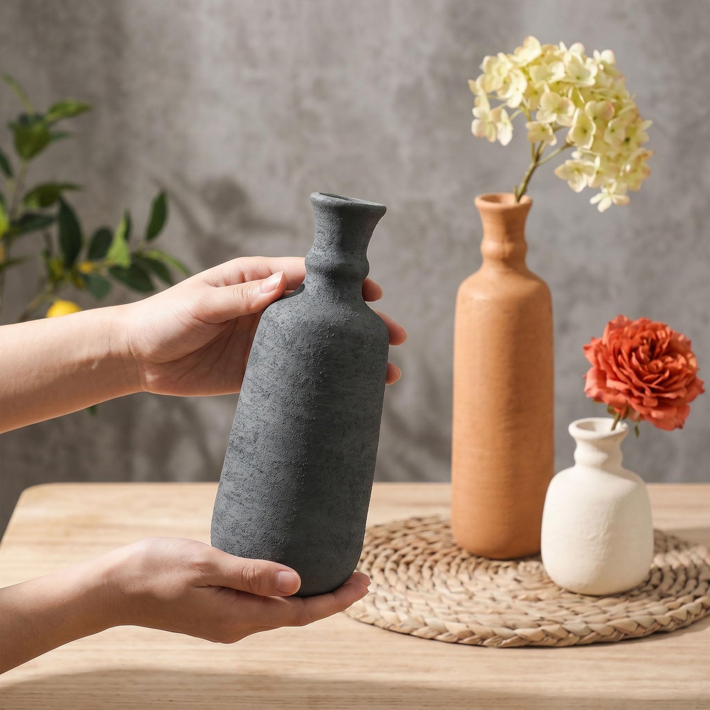 Ceramic Vase Set, 3Pcs Flower Vases for Modern Boho Farmhouse Decor, Decorative Vases for Pampas Grass & Dried Flowers, Distressed Finish