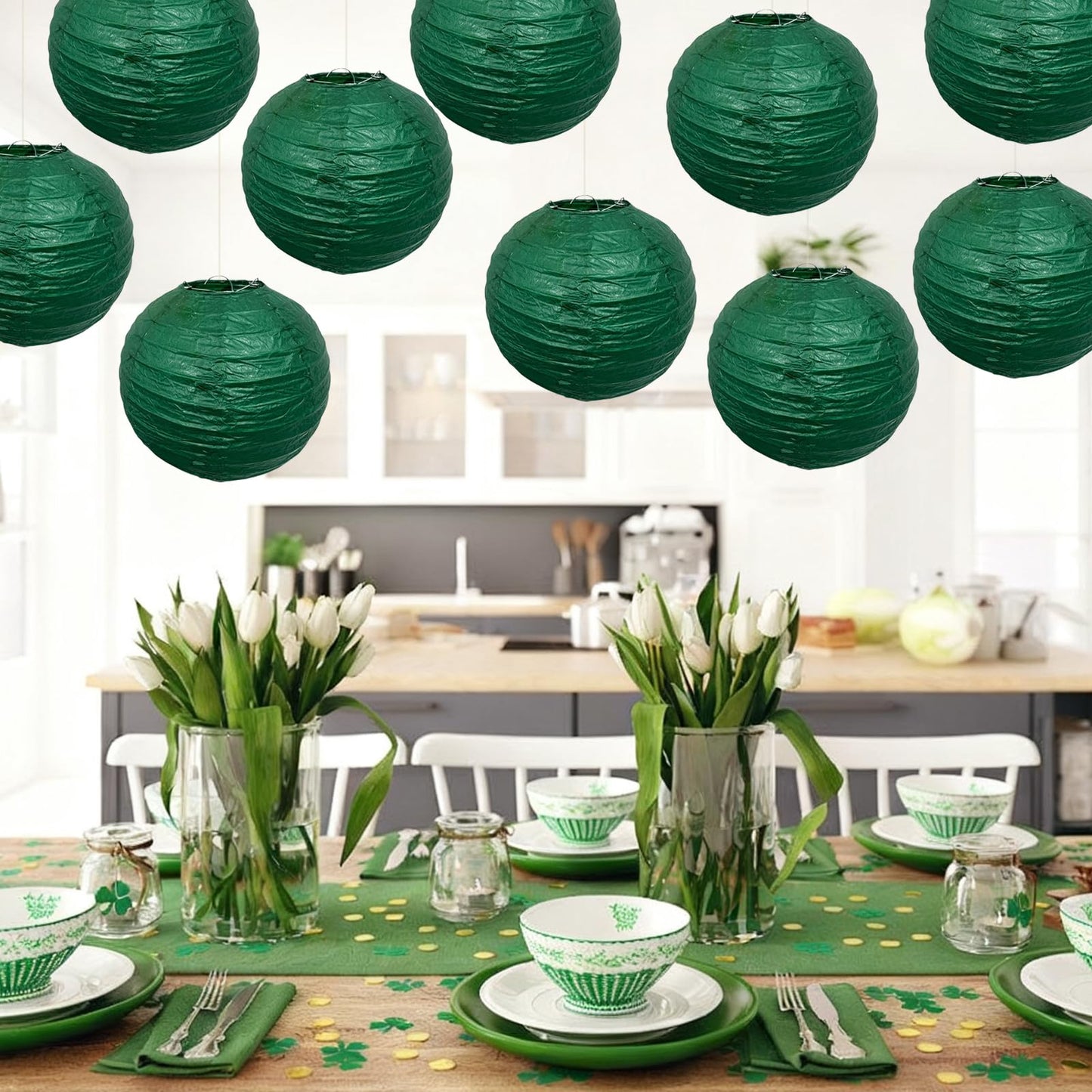 Christmas Green Paper Lanterns Hanging Ceiling Round Lanterns for Spring Theme Christmas Home Decorations 10 PCS
