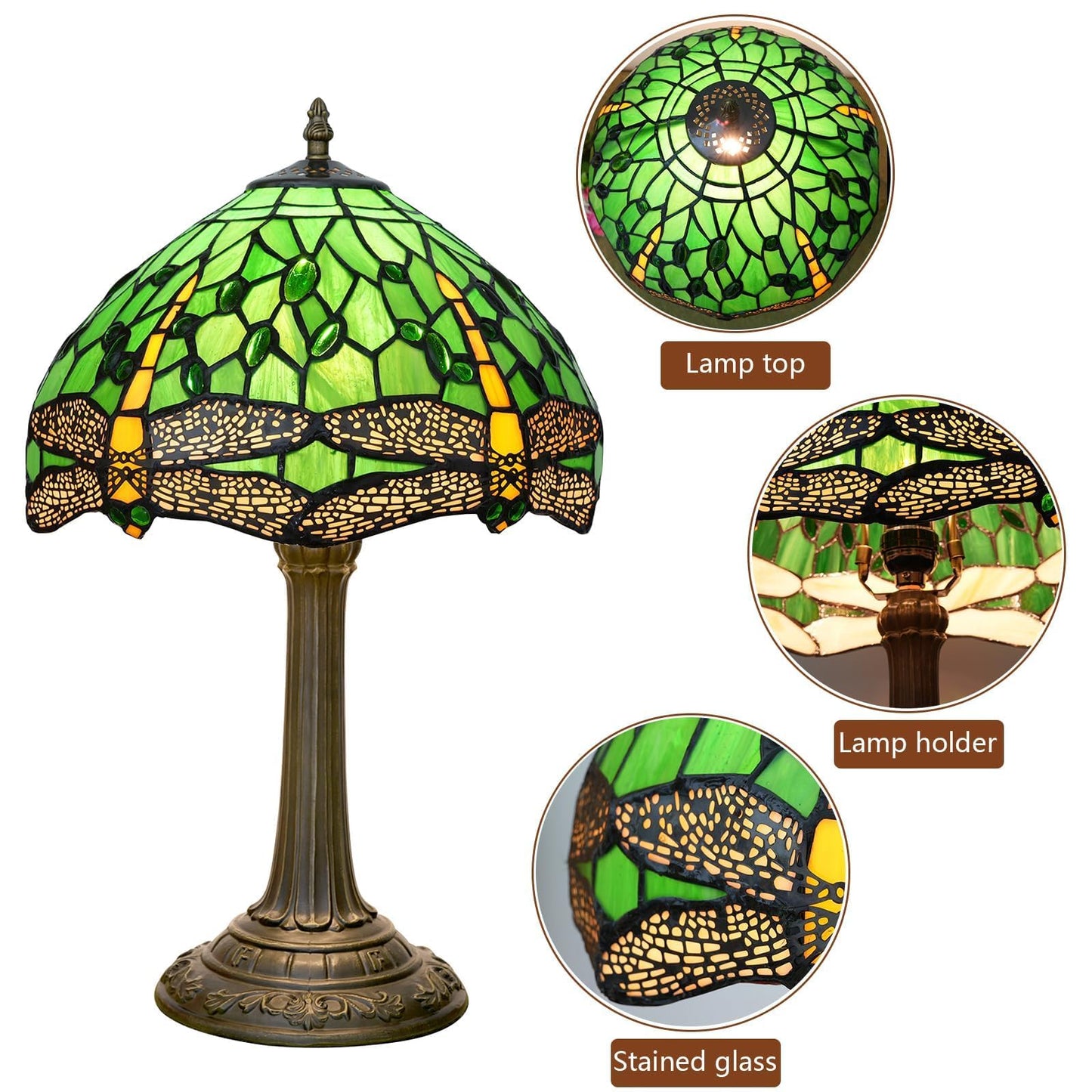 wecrejoni Tiffany Lamp Green Dragonfly Stained Glass Table Lamp 12X12X18 Inches Green Dragonfly Style Desk Reading Light Decor Beside Bedroom Living Room Home