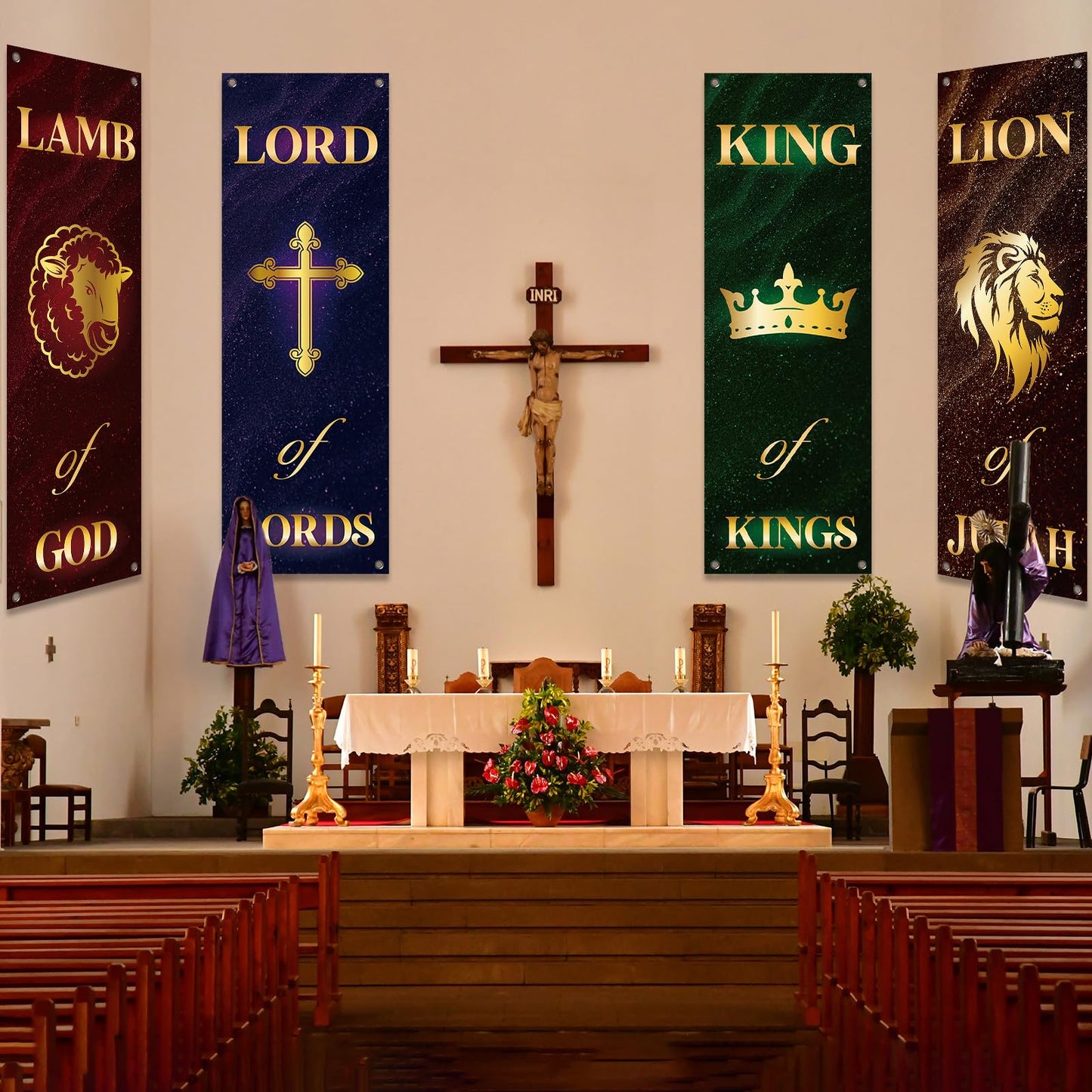 4Pcs Church Banners for Sanctuary Wall Welcome Religious Banners Hanging Backdrop Classic Lion King Lord Lamb Church Banner Scripture Bible Verses Exquisite Banner for Holiday Sunday School Decor