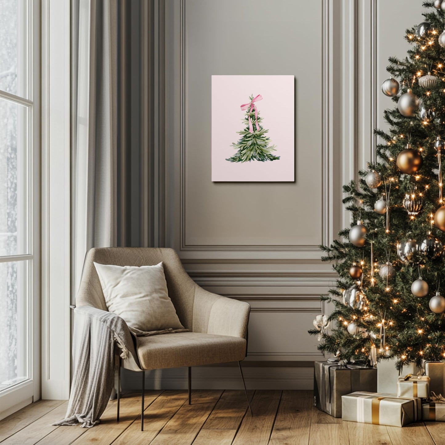JWVK Ty-You-031 Prints Pink Coquette Bow Trendy Christmas Pine Tree Framed Wall Art Canvas Decor Decorations for Bedroom, Pink Christmas Signs Sign, 11x14