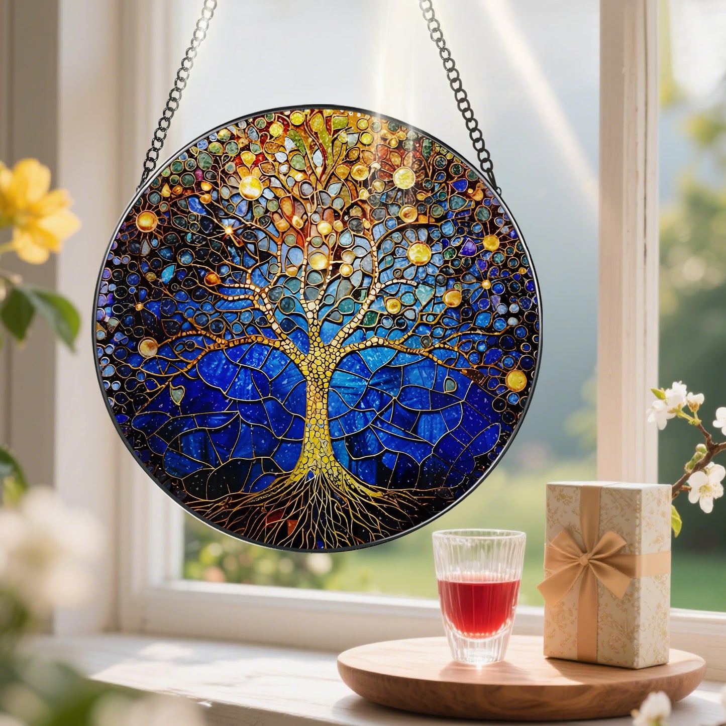8-Inch Stained Glass Tree of Life Ornament, Stained Glass Window Hanging, Window Hanging Decor Suncatcher – Housewarming, Christmas, Birthday | Gift for Family, Friend, Couple, Teacher | Holiday Decor