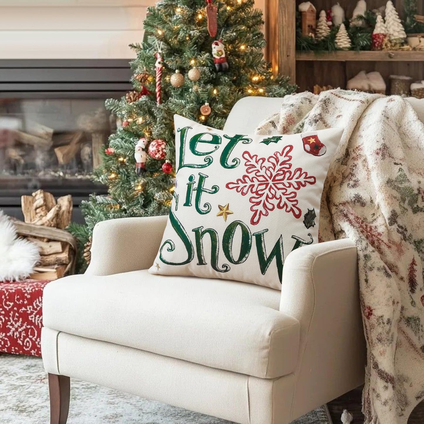 Artscope Christmas Tree Snowman Throw Pillow Covers 18x18 Inch Set of 4, Let It Snow Holly Jolly Winter Hoilday Christmas Decoration Pillow Cases for Home Sofa Couch Decor-Red