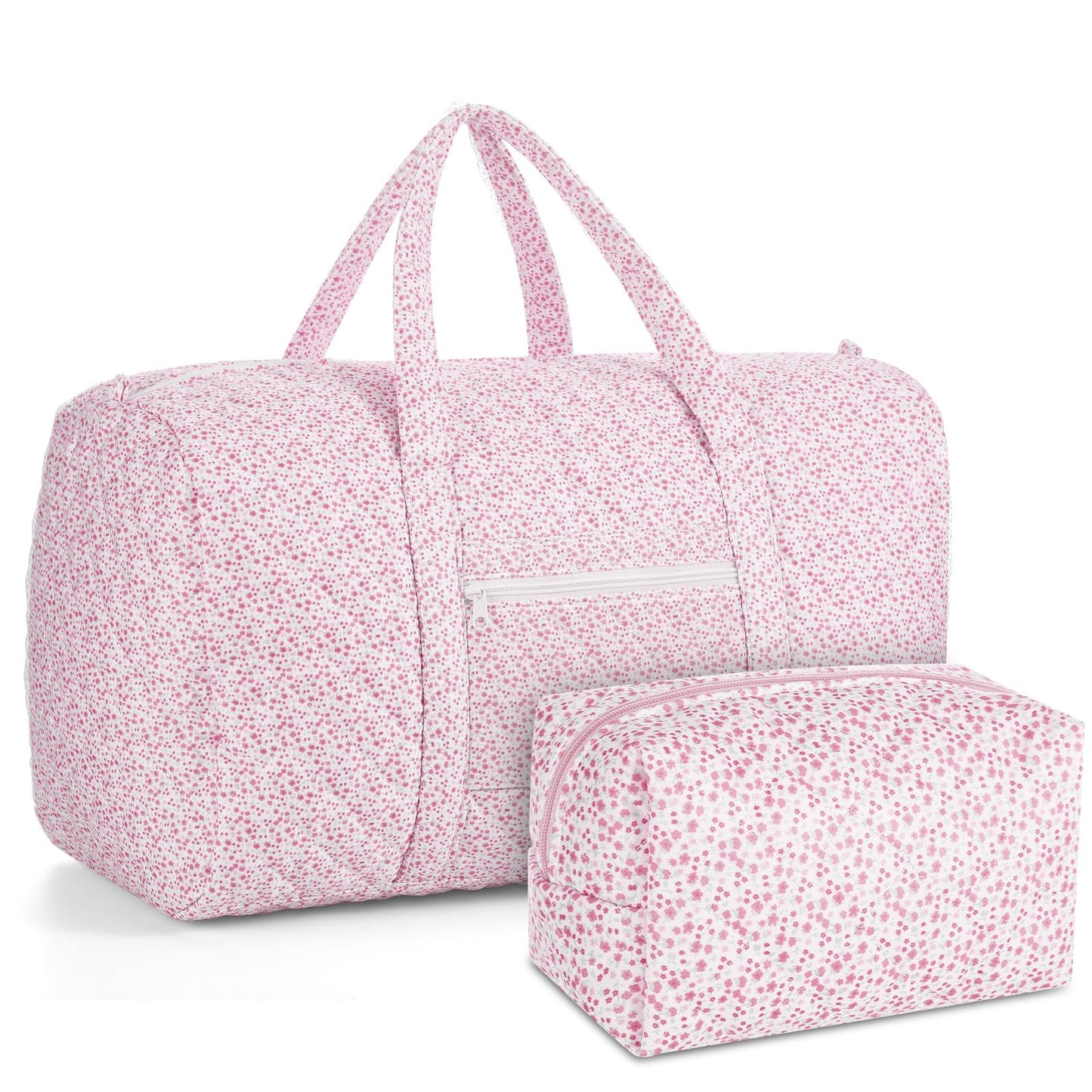 Bulyoou 2 Pack Floral Travel Duffel Bag Large Quilted Travel Duffle Bag and Floral Makeup Pouch Portable Gym Lightweight Weekender Organizer with Zipper Pockets Grocery Pouch for Women(Pink)