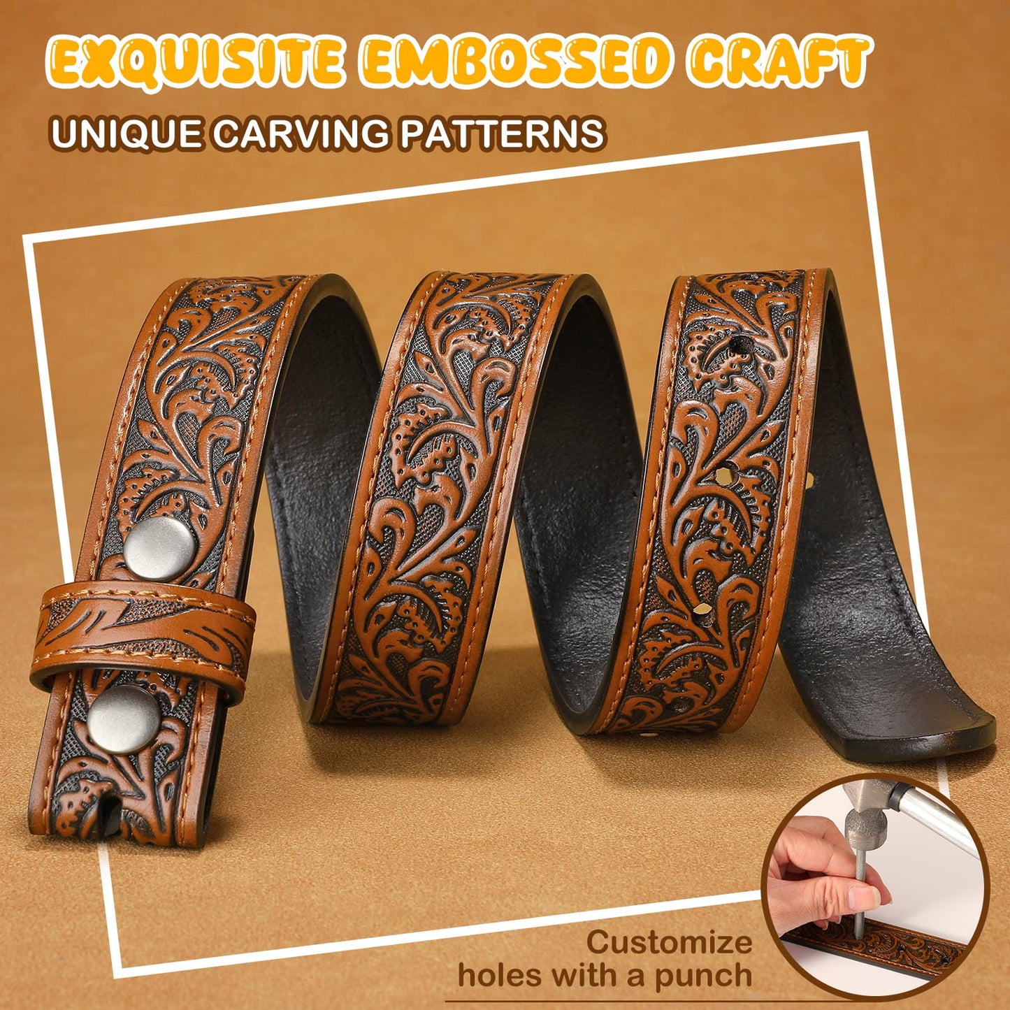 SANSTHS Kids Western Belt without Buckle Genuine Leather Boys Girls Belt Strap Cowgirl Cowboy Belts for Jeans Western Gifts, Embossed Leaf/Brown
