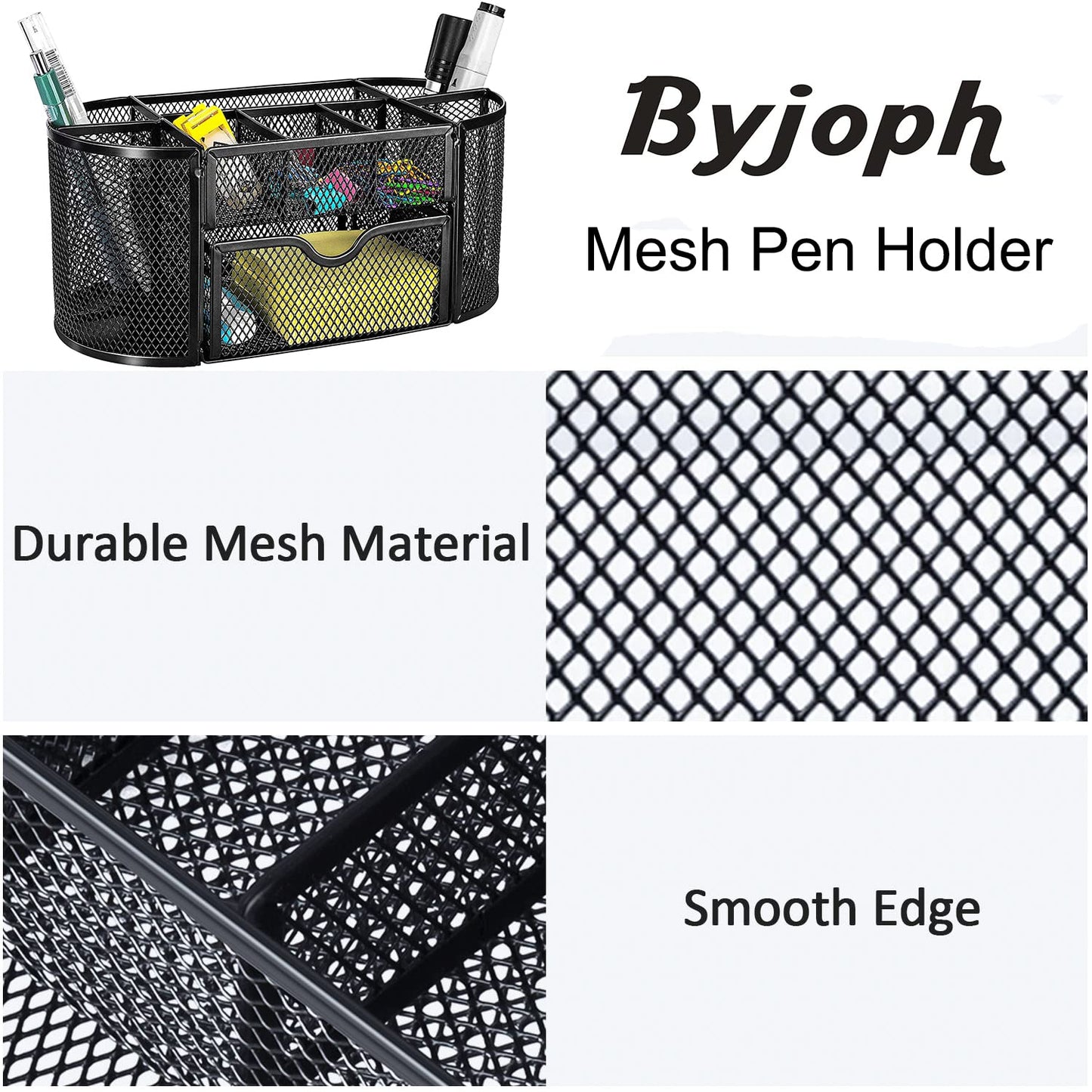 Byjoph Black Mesh Pen Holder Desk Organizer Cute Office Supplies Pencil and Marker Organizers Oval Desk Caddy with 8 Compartments and 1 Drawer Workspace Accessories for Office School Home