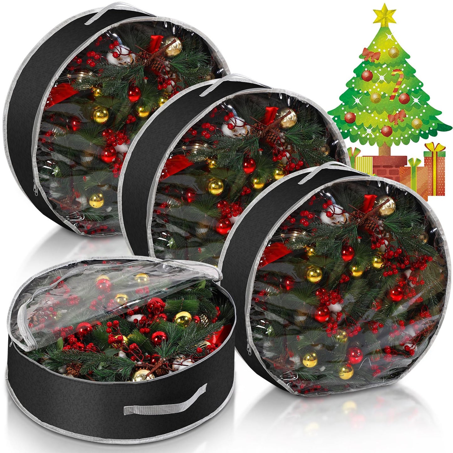 Aliceset 4 Pack Wreath Storage Containers, Ornament Garland Wreath Storage Bags with Handle Zipper Decorative Storages Box for Christmas in July Wreaths(24 x 24 x 7.8 Inch,Black)