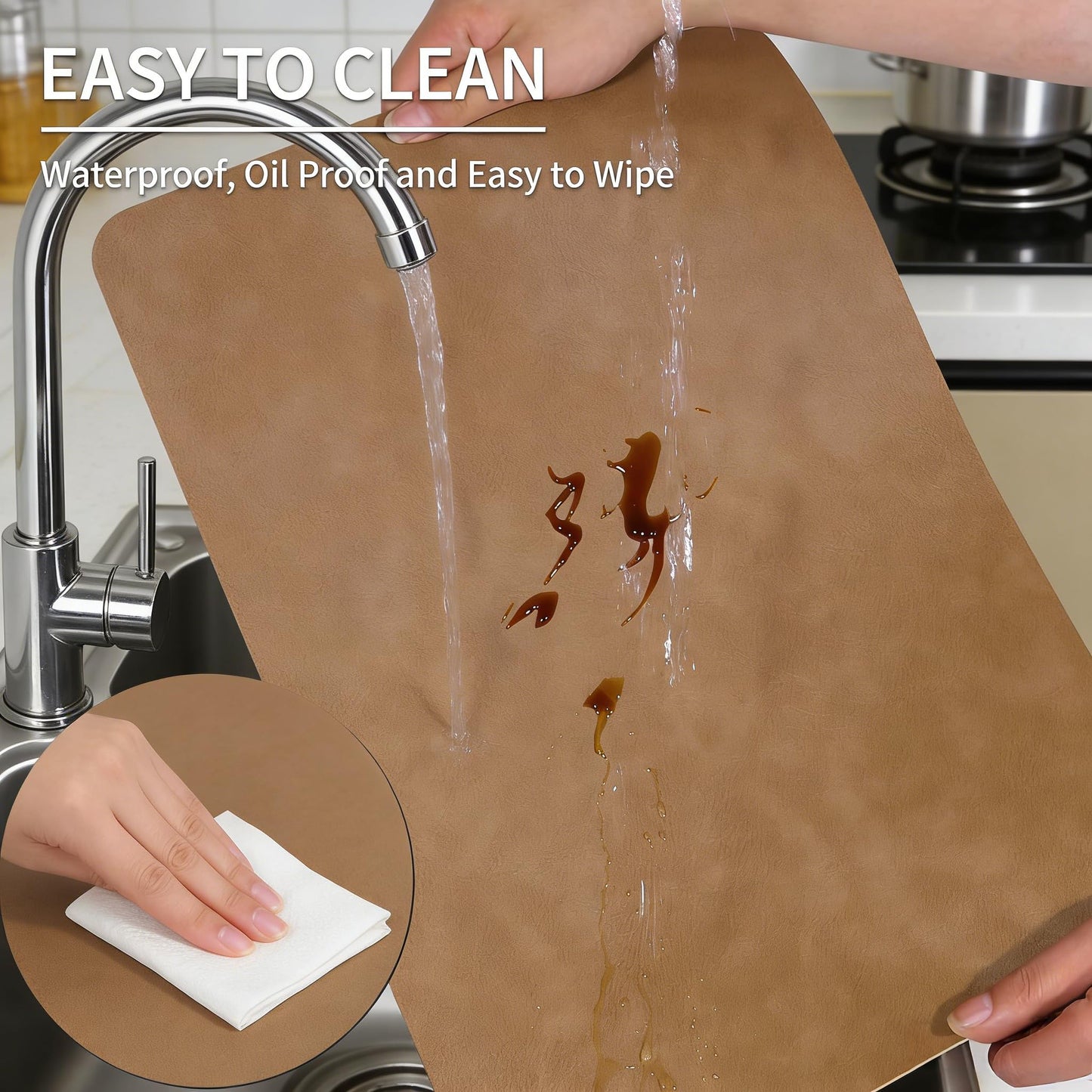 Faux Leather Placemats Set of 6, 18×12 Inch Waterproof Wipeable PU Place Mats Heat Resistant Anti Slip Dining Table Place Mats for Kitchen Dining Indoor & Outdoor Use (Light Brown)