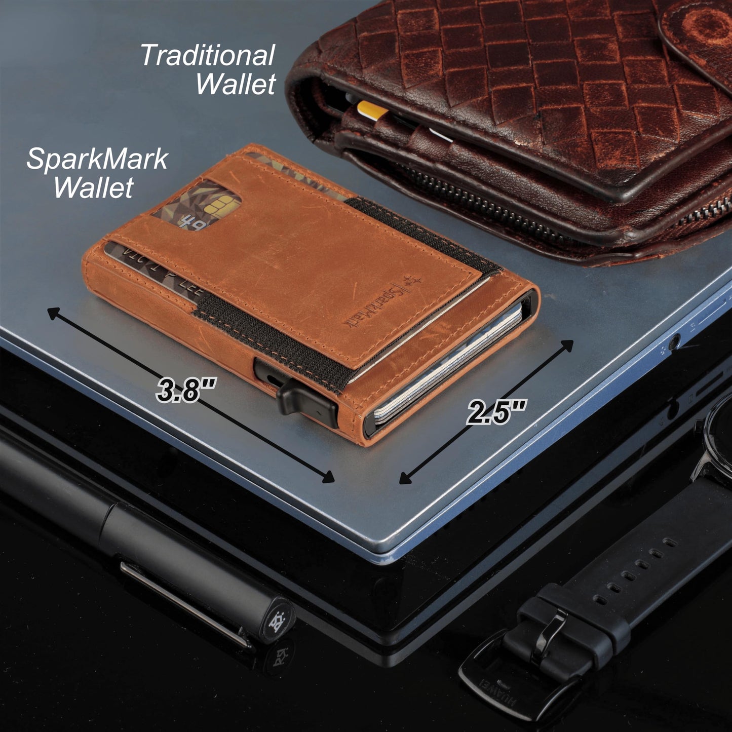 SparkMark Minimalist Pop Up Wallet for Men | RFID Blocking Credit Card Holder Wallet | Mens Wallet Slim Front Pocket Metal Case with Gift Box (Genuine Full Grain Soft Leather)