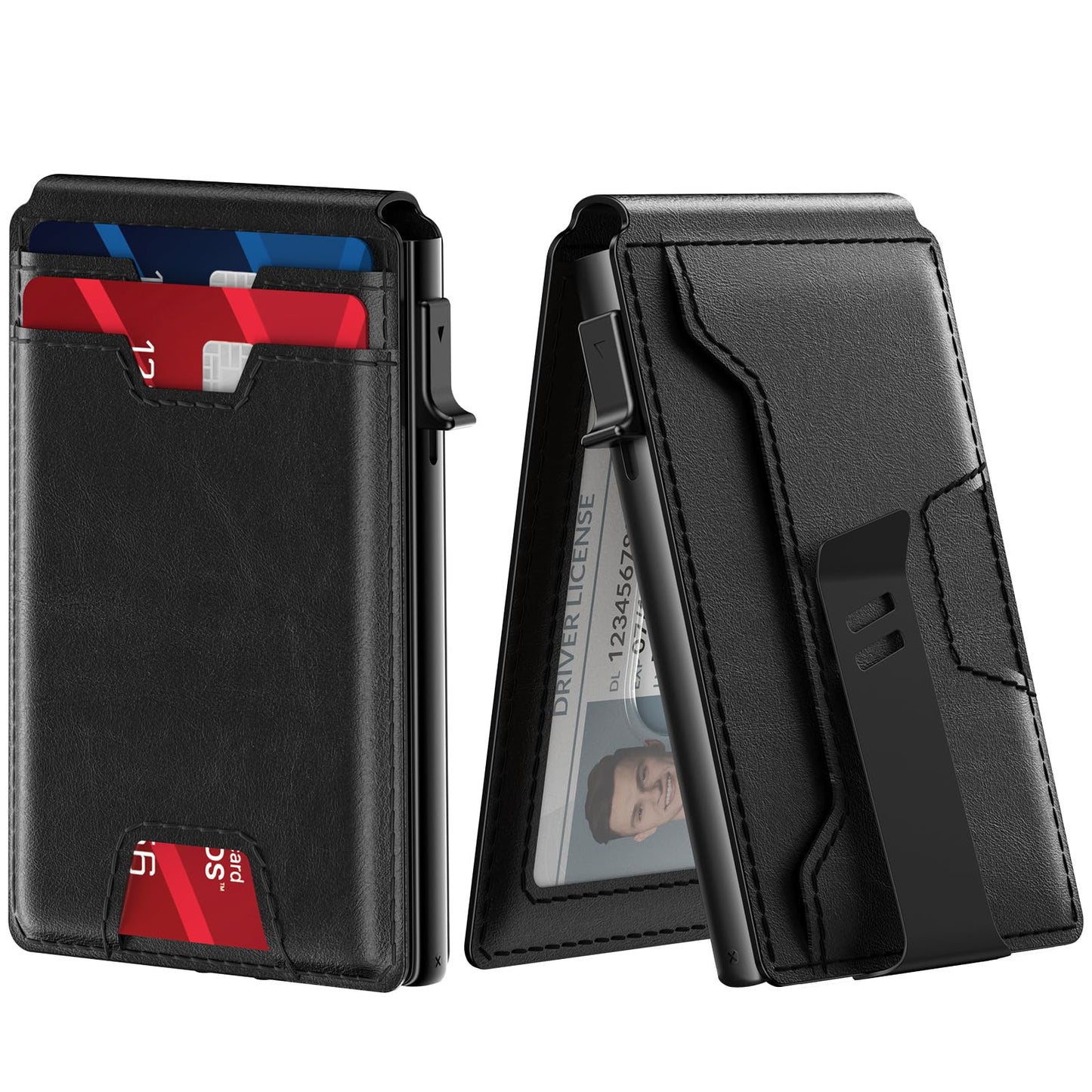 typecase Mens Wallet Card Holder: Pop Up Card Case, Genuine Leather, Smart, RFID Blocking, Slim, Minimalist, Thin, Front Pocket - 9-13 Card Capacitiy | ID Window | Money Clip (Black)