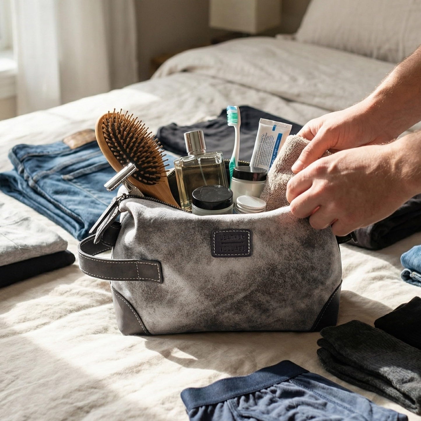 LEATHER VILLAGE Genuine Leather Dopp Kit for Men & Women with Waterproof Lining – Distressed Travel Toiletry Bag, Shaving & Bathroom Essentials Organizer - Distressed Grey
