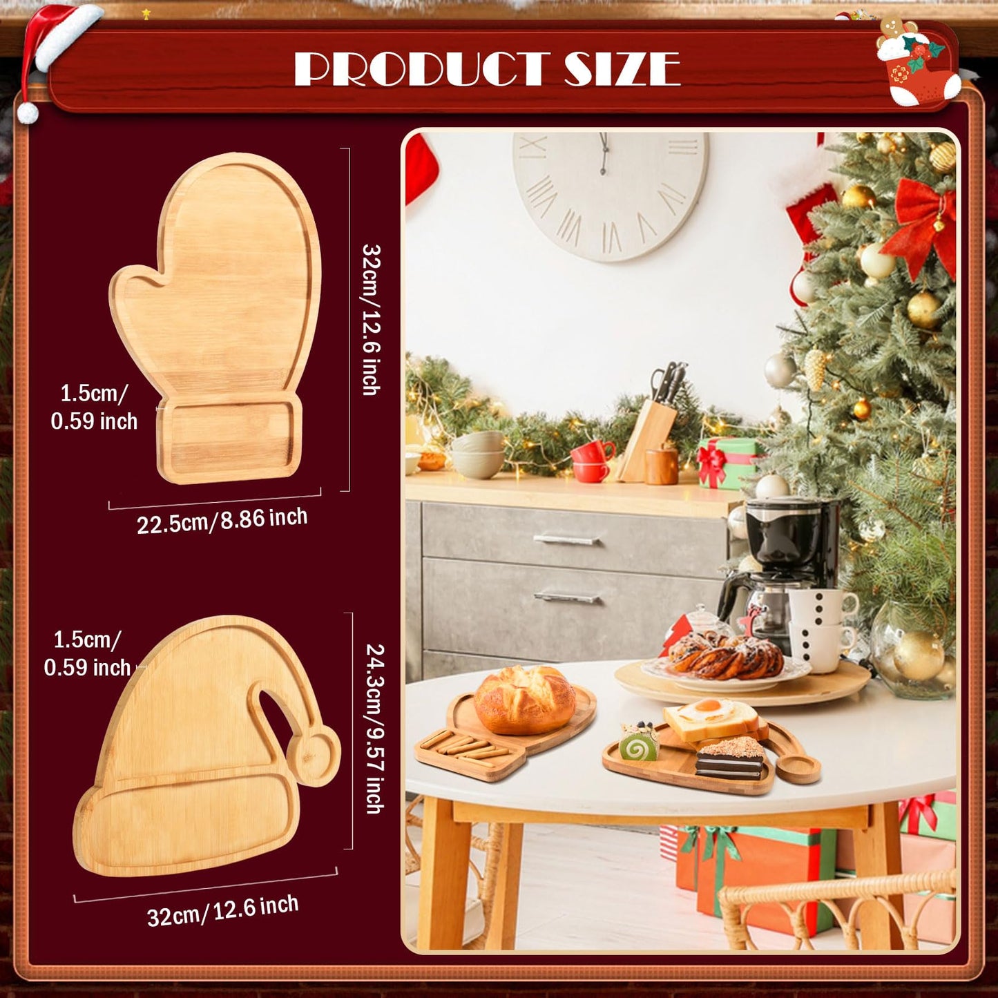 AWIZOM 2 Pcs Christmas Serving Platters Santa Hat and Mitten Shaped Wood Trays Winter Bamboo Charcuterie Boards Decorative Wood Snack Dish Plates for Xmas Holiday Housewarming Presents