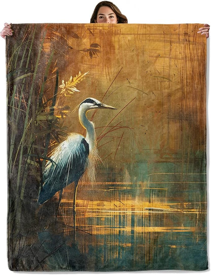 Blue Heron in Sunset Wetlands Throw Blanket for Boys Girls Kids Adults Women, Fuzzy Warm Soft Cozy Flannel Blankets Gifts for Bedroom, Couch, Travel, Home Decor 60x80 in