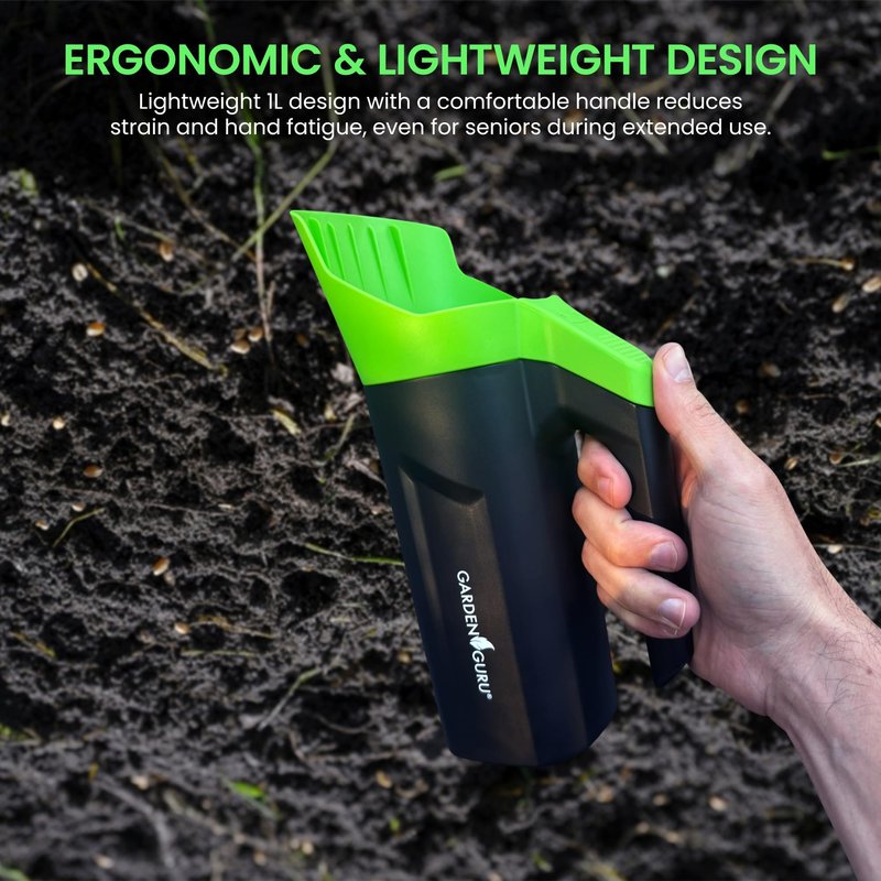 Garden Guru Handheld Seed Spreader Shaker – Multi Use Grass Seed, Fertilizer, Salt, Ice & Snow Melt Spreader – Adjustable Twist Cap w Multiple Size Openings – Lightweight 1L Capacity Hand Seeder