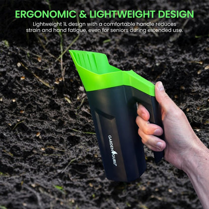 Garden Guru Handheld Seed Spreader Shaker – Multi Use Grass Seed, Fertilizer, Salt, Ice & Snow Melt Spreader – Adjustable Twist Cap w Multiple Size Openings – Lightweight 1L Capacity Hand Seeder