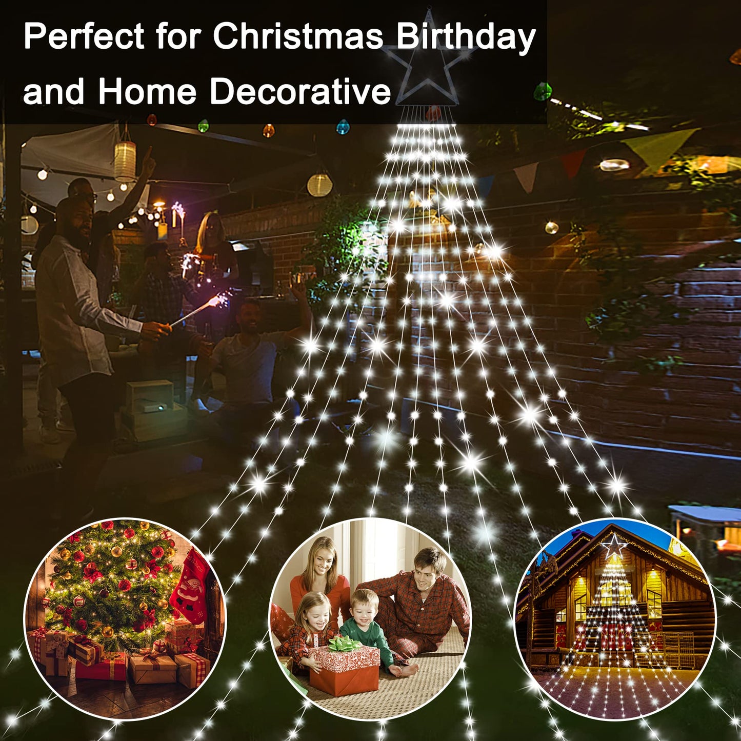 Onory Christmas Outdoor Star String Lights 23FT 860 LED Waterproof Waterfall Tree Lights with Star Topper, 8 Modes Christmas Decorations Outdoor Tree Lights for Patio, Yard, Party Holiday Dec