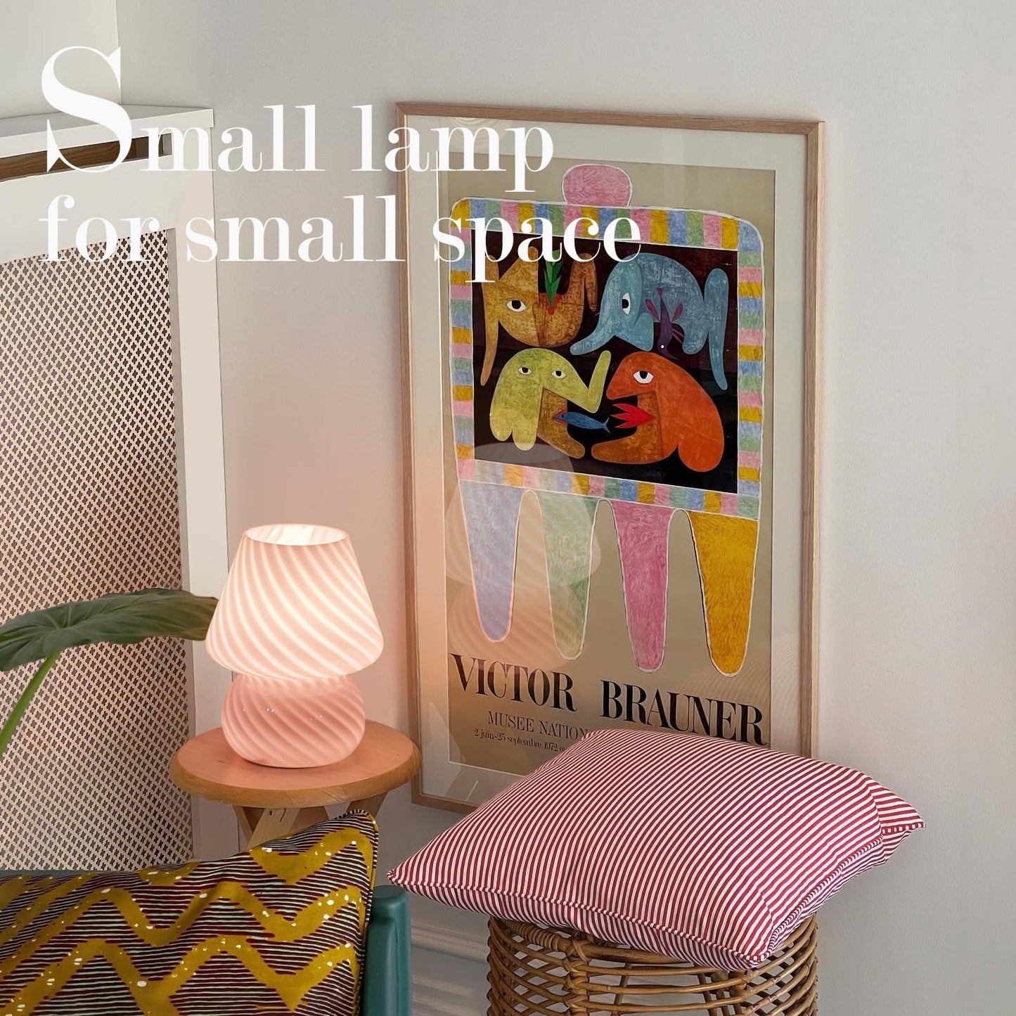 ONEWISH Mushroom Lamp-Small Bedside Table Lamp with Striped Glass, Nightstand Lamp for Bedroom, Living Room, Cafe, Bulb Included, Home Decor for Girls Women, Pink