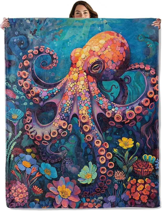 Underwater Octopus Throw Blanket for Boys Girls Kids Adults Women, Fuzzy Warm Soft Cozy Flannel Blankets Gifts for Bedroom, Couch, Travel, Home Decor 40x50 in