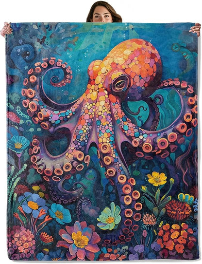 Underwater Octopus Throw Blanket for Boys Girls Kids Adults Women, Fuzzy Warm Soft Cozy Flannel Blankets Gifts for Bedroom, Couch, Travel, Home Decor 50x60 in