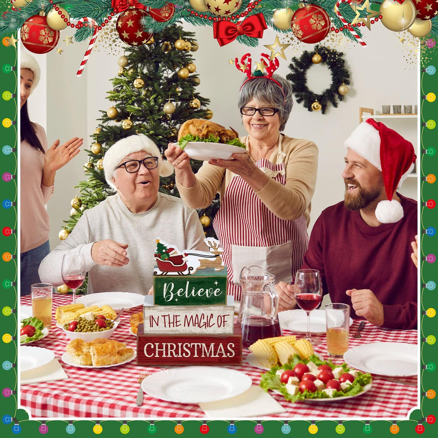 Lineshading 4 Pcs Summer Christmas Table Decoration Wooden Santa Claus Decor Christmas Tiered Tray Decor Decorative Santa Claus Elk Block Sign Gift Farmhouse Xmas Centerpiece for Home Kitchen Shelf