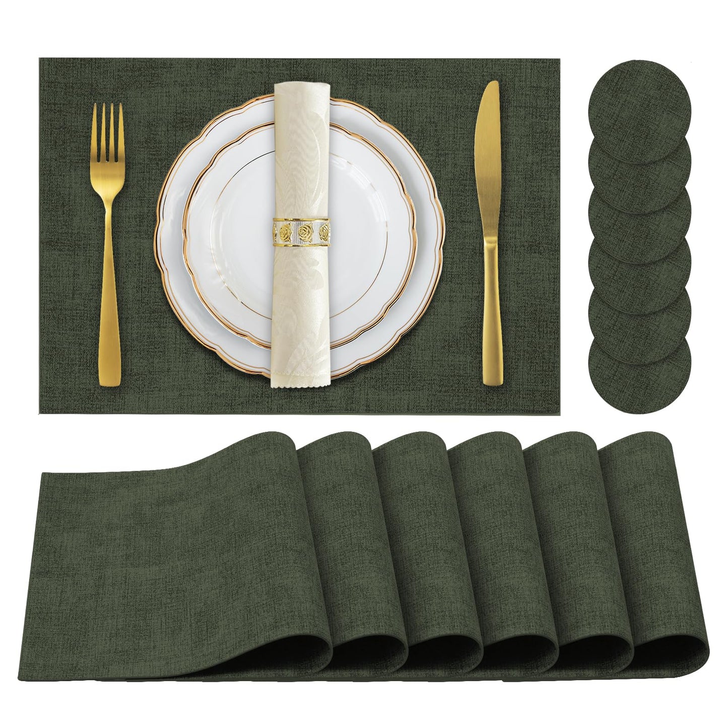 JUCCWARM Faux Leather Placemats Set of 6,Heat Resistant Placemats for Dining Table, Easy Clean Non-Slip Place Mats, Waterproof Stain Resistant Wipeable Washable PU Table Mats, (Dark Green)