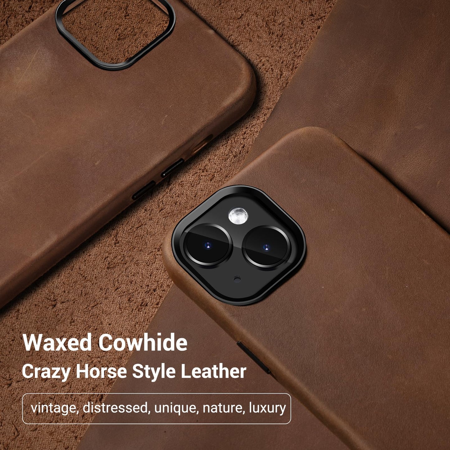 Belemay Compatible with iPhone 14 Leather Case Magsafe - Top Grain Vintage Crazy Horse Leather - Metal Buttons & Camera Bezel Bump - Slim Fit & Soft Feel - Premium Phone Cover (6.1-inch) Retro Brown