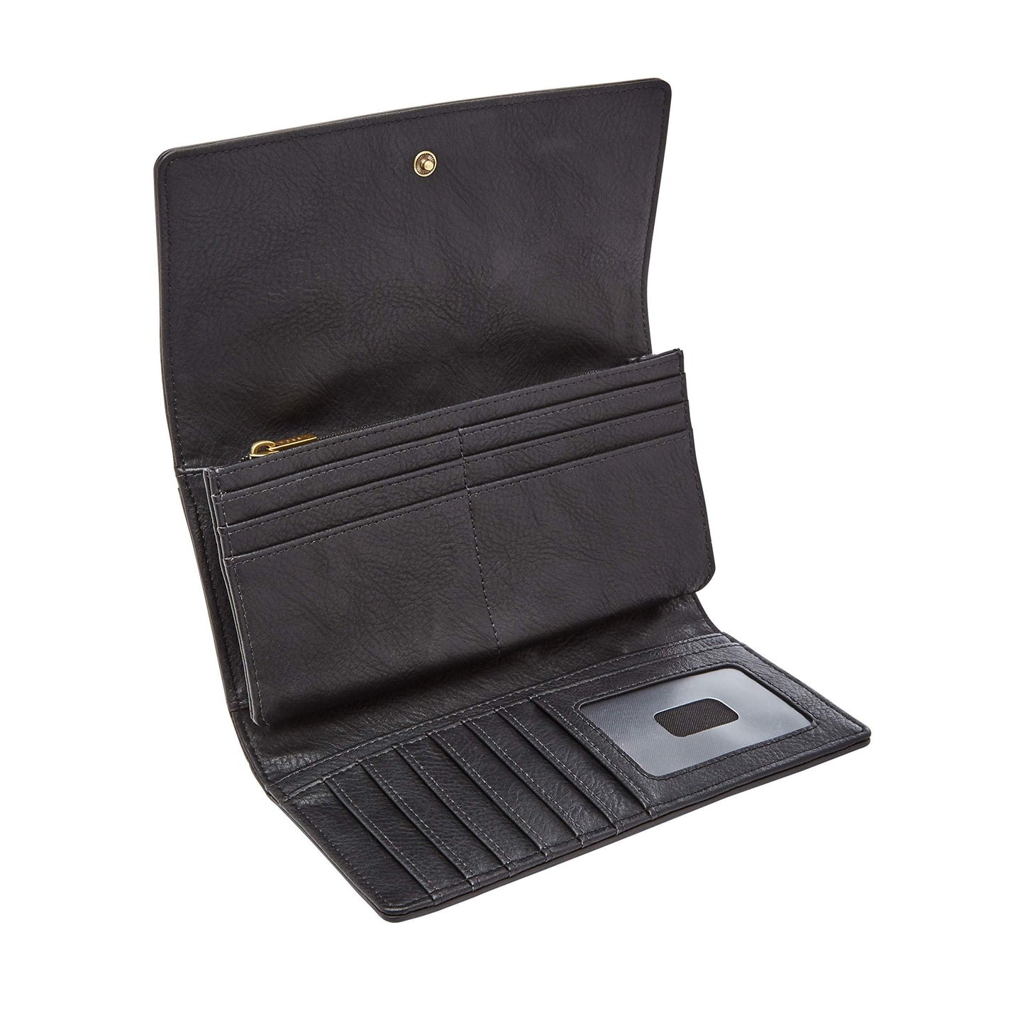 Fossil Women's Wallet, Logan Leather Wallet RFID Blocking Flap Clutch Organizer, Black