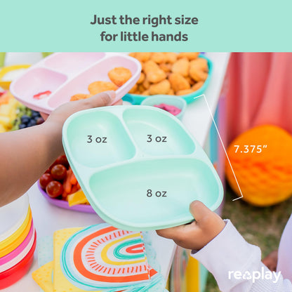Re-Play Toddler Plates with Dividers - Deep-Walled 3 Compartments Divided Plates for Kids - Dishwasher & Microwave Safe - Made in USA - Set of 3-7.37" x 7.37" x 1.25" - Beach Baby