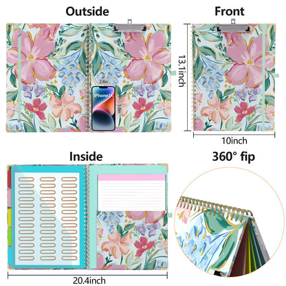 Clipboard Folio with Storage 8.5 X 11 Padfolio Notebook, Clipboards with Notepad Spiral with 10 Pockets and 5 Folders Nursing Teacher School Essentials (Pink Floral)