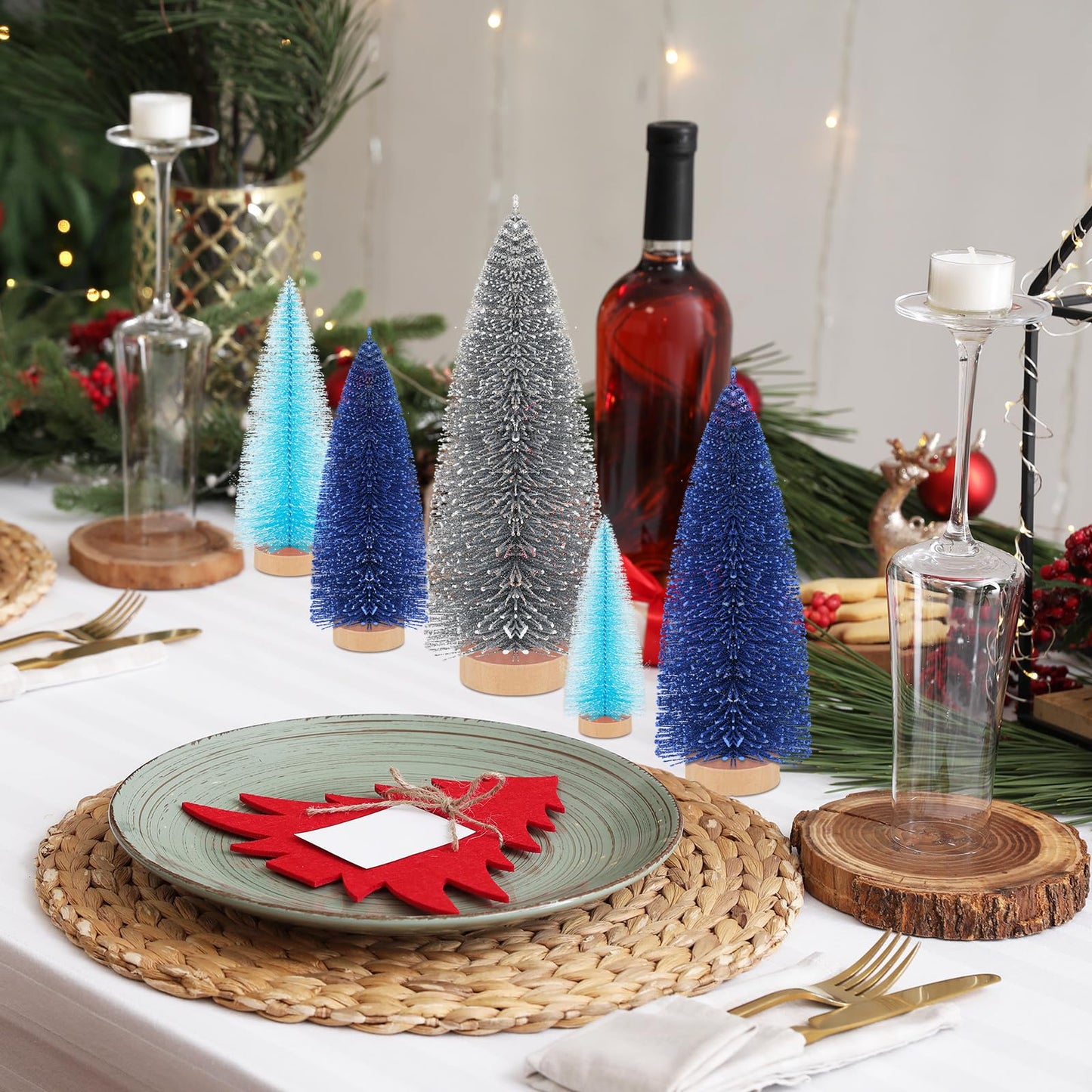 Leyndo 9 Pcs Blue Classic Artificial Mini Christmas Tree Sisal Bottle Brush Trees with Wood Base Christmas Pine Trees for Autumn Winter Holiday Home Kitchen Party Decor