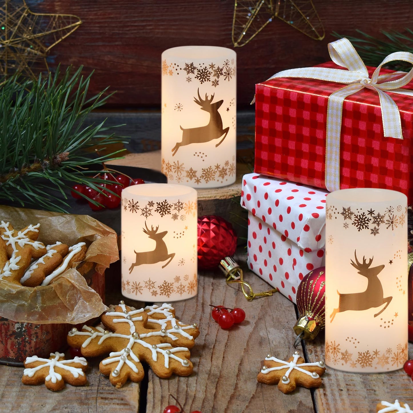 Wondise Flameless Flickering Candles with 6H Timer, Gold Deer Christmas Battery Operated Candles 3 Pack Real Wax Warm Light LED Pillar Candles for Christmas Dinner Tabletop Holiday Decor 3" x 6"