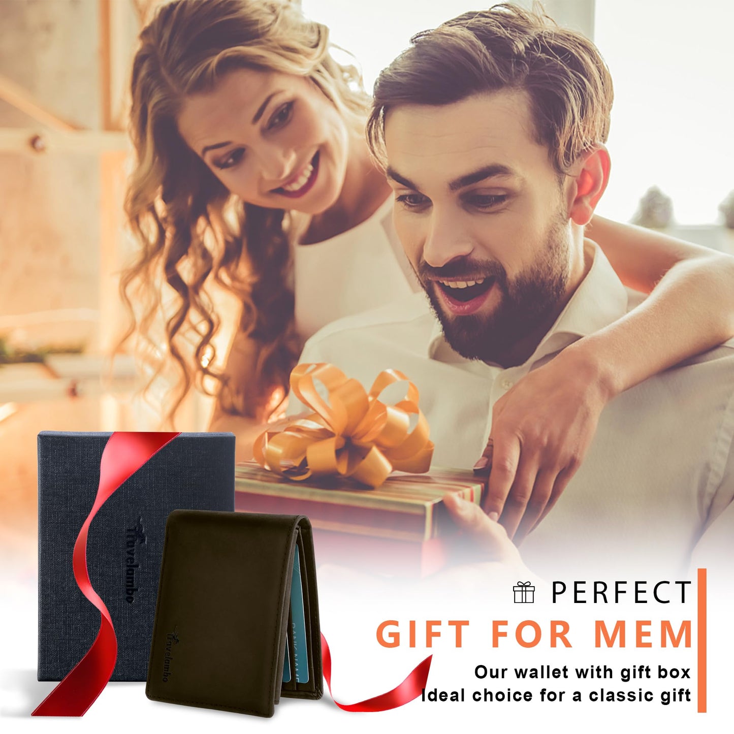 Travelambo Genuine Leather Wallet for Men with Gift Box - Handmade Bifold Stylish - Mens Wallets Rfid Blocking with 2 ID Windows