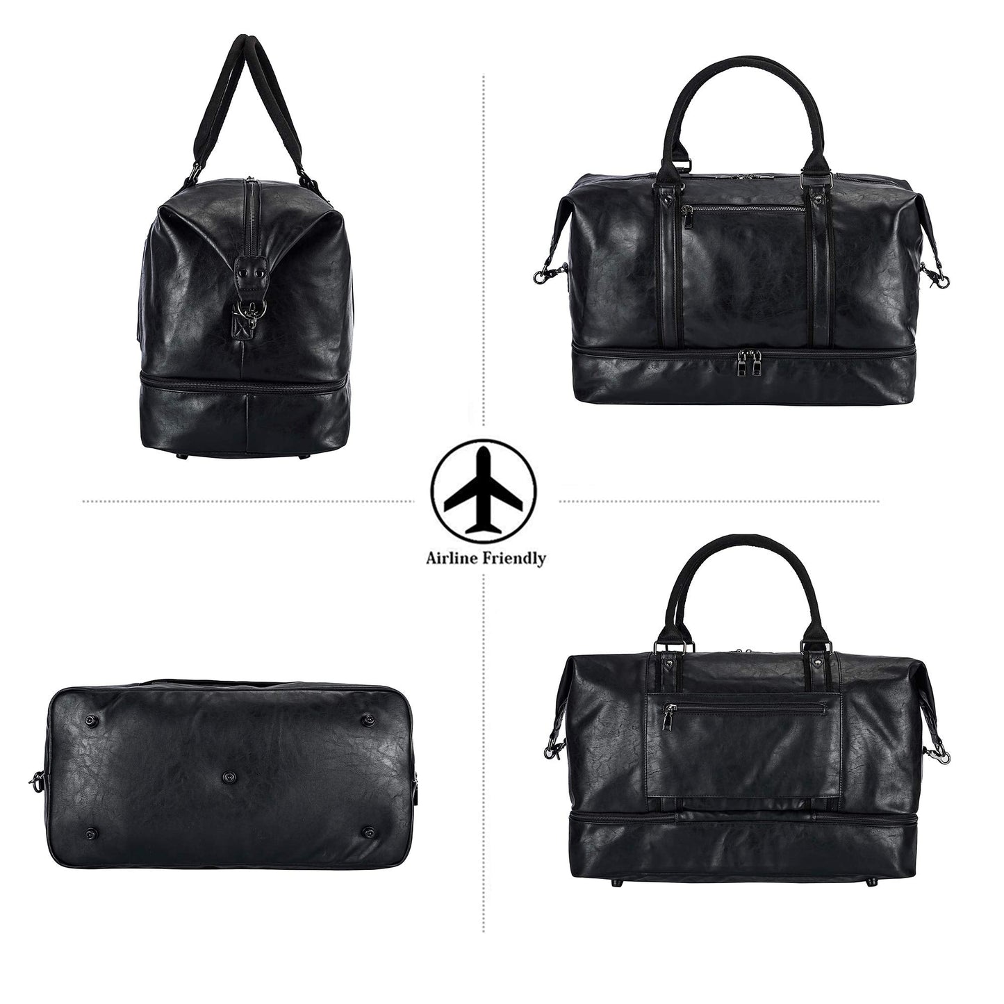 Leather Travel Bag with Shoe Pouch,Weekender Overnight Bag Waterproof PU Leather Large Carry On Bag Travel Tote Duffel Bag for Men or Women-Black
