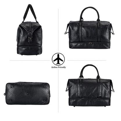 Leather Travel Bag with Shoe Pouch,Weekender Overnight Bag Waterproof PU Leather Large Carry On Bag Travel Tote Duffel Bag for Men or Women-Black