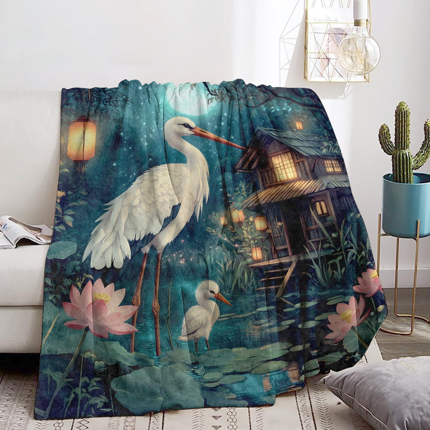 Bidesk Pretty Crane Blanket Soft Flannel Throw Blanket, Cozy & Warm Yet Lightweight Blankets for Travel, Couch, Bed, for Men Women Adults, Fuzzy Outdoor Comfort Wrap 60"×50"