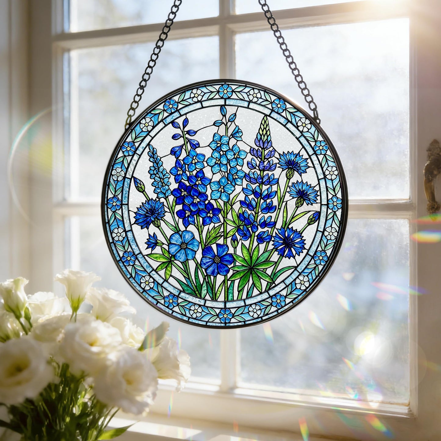 Botanical Stained Glass Window Hanging, 7.8 Inch Blue Wildflower Stained Glass Suncatcher, Sun Catchers Indoor Window Ornament, Suncatcher for Windows, Doors & Home Decor, Birthday Gift for Her