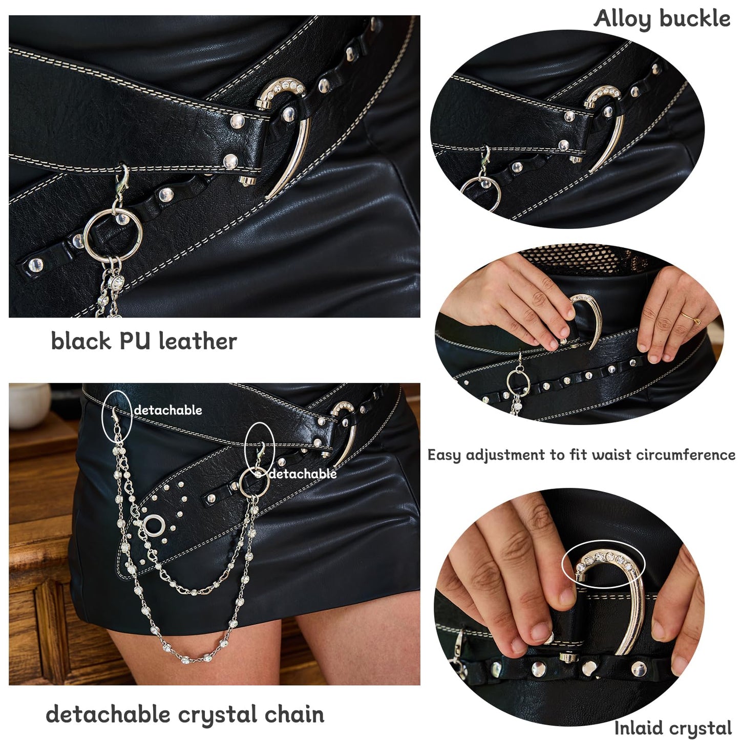 VQYVRZC Goth Belt for Women Wide Black Punk Accessory Studded Rivets with Detachable Crystal Waist Chain Rock Rave Emo Style