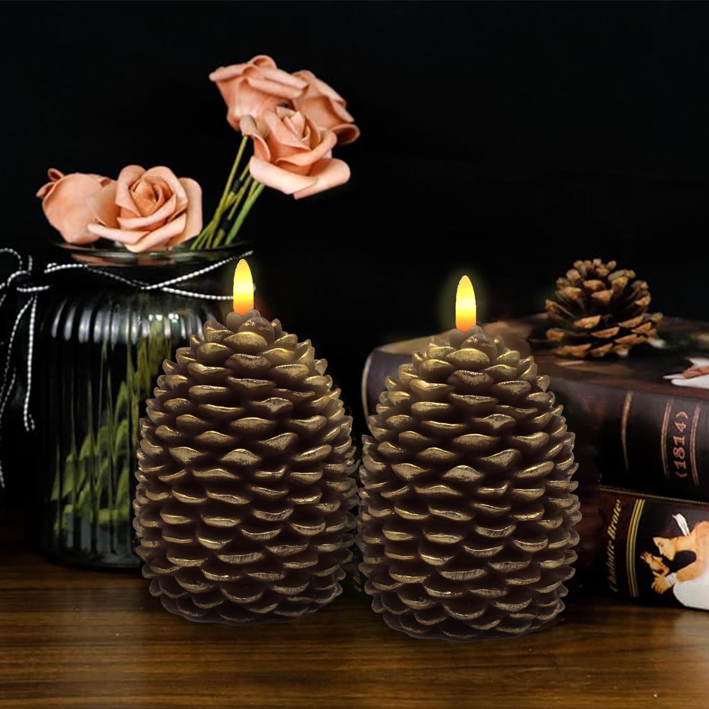 CVHOMEDECO. Pine Cone Candles Battery Operated Pinecones with Remote and Timer, Pine Cones Candle LED Flameless Flickering Candles for Fall, Christmas Decor. Golden-Brown, H 5.5 Inch, Pack of 2